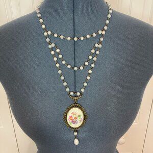 Handcrafted Vintage Floral Glass Cabochon Necklace -18" Long (Upper Necklace)